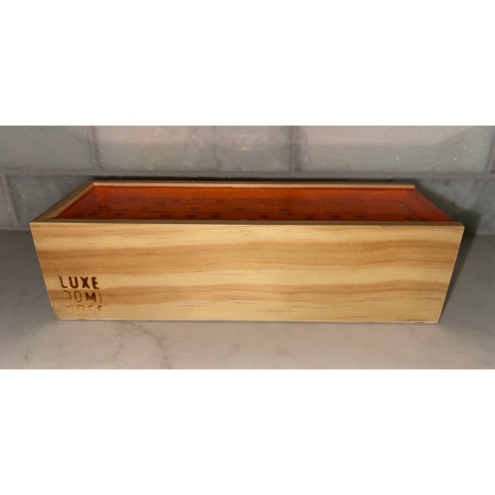LUXE Dominoes Wood Box NIB Orange Sliding Lucite Lid